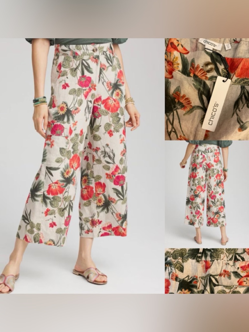 chico's Linen Cargo Wide-Leg Pants NWT Chico’s 2.5/L14 Floral Cottagecore